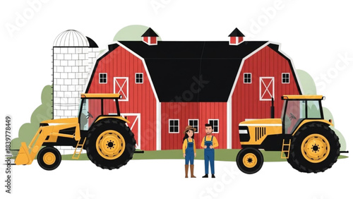 Rural Farm Scene with Barn and Tractors, an Auto Cad Vector Illustration.