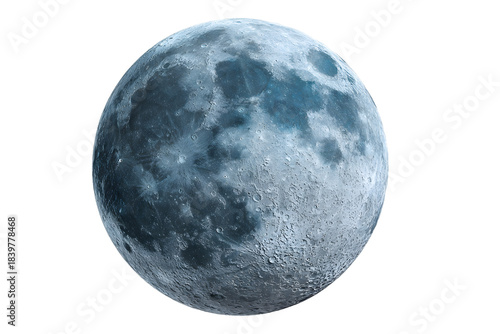 Artistic rendering of the full moon in a moody blue color, highlighting the rugged lunar terrain and isolated on a white backdrop.