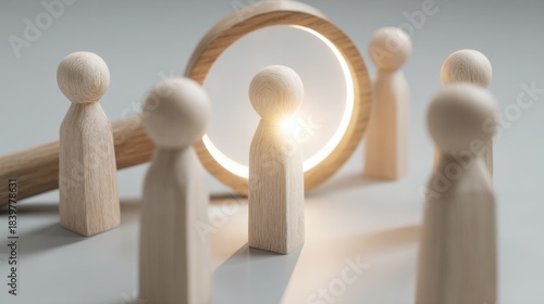 Focus and Selection: A magnifying glass hovers over a group of wooden figures, spotlighting one individual. This image symbolizes the core concept of selection and focus in a team. 