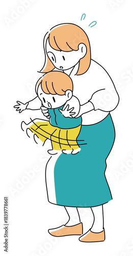 暴れる赤ちゃんを抱っこしているお母さんのイラスト