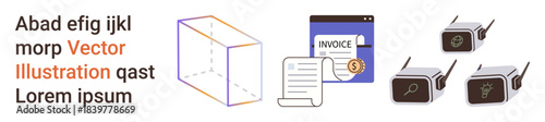 Finance, technology, education, organization, e-commerce, creativity. Invoice document, 3D geometric cube and device search icons. Finance and technology concepts