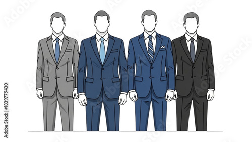 Businessmen in formal suits, a design guide using Auto Cad tools.