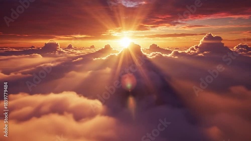 Golden sun rays pierce through fluffy clouds, creating a serene sunrise scene, evoking a sense of peace and new beginnings, ideal for spiritual reflection or meditation contexts