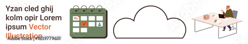 Cloud computing, productivity, work management, deadline tracking, time planning, online storage. Calendar and cloud icons, person using laptop. Cloud computing and productivity concept