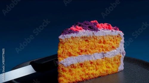 Vibrant slice of cake on a dark plate, layered with colorful frosting, ideal for parties and celebrations, evokes a sense of indulgence and festivity