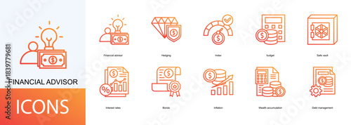 financial advisor icon collection set. Containing  Hedging, Index, budget, Safe vault, Interest rates, Bonds, Inflation icon