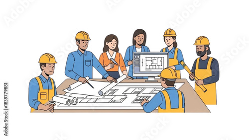 Architects using Auto Cad for project 34 plans in a meeting illustration.