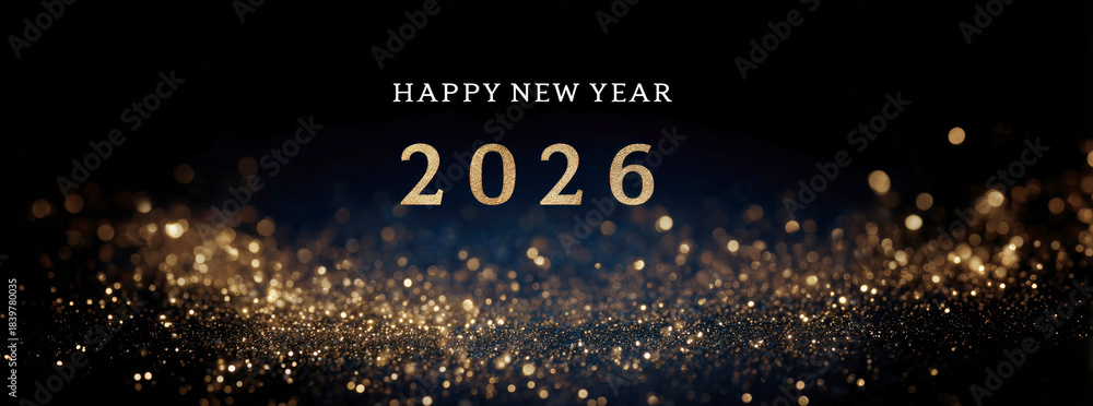 Fototapeta premium Celebrating the arrival of 2026 with a sparkling dark blue background and golden lettering wishing a happy new year. Happy New Year 2026 banner