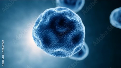 Close-up of a blue cell in a dark environment, cellular structure evokes a sense of mystery and life, suitable for discussions on health and biotechnology