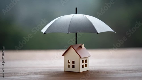Miniature house under umbrella symbolizes protection, cozy home shielded from rain, concept of insurance and security during monsoon season