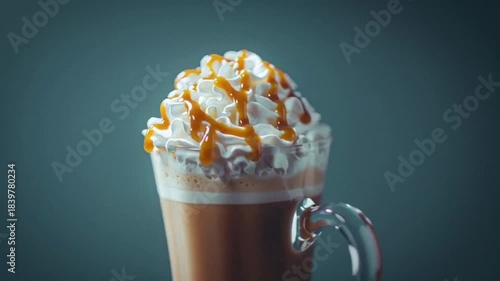 Creamy caramel frappuccino adorned with whipped cream, indulgent coffee treat perfect for coffee lovers, evokes cozy autumn vibes and holiday warmth