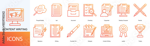 content writing icon collection set. Containing text, document, Checking, Copywriter, Desktop Computer, Pencils, Signature, Writing icon