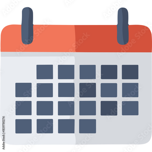 Flat Design Calendar Icon With Rounded Corners Showing A Grid Of Days And A Red Top Bar And Dark Blue Grid Details And Black Hangers On A White Background Showing Scheduling And Planning Concept