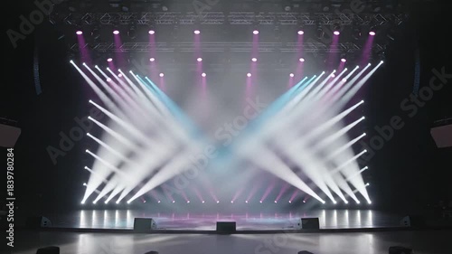 Vibrant stage lighting display, colorful beams create dynamic atmosphere, concert or event preparation scene, festival vibes and entertainment setup