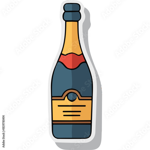 Flat Design Illustration of a Champagne Bottle with Yellow Label and Blue Glass Isolated on Black Background Festive Celebration Drink