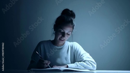 Young woman studying in dim light, focused and introspective atmosphere, late-night learning during exam season