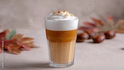 Layered coffee with cream, evokes cozy autumn vibes, surrounded by fallen leaves and warm tones, perfect for fall gatherings or seasonal cafes