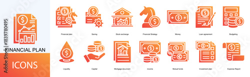 financial plan icon collection set. Containing Saving, Stock exchange, Financial Strategy, Money, Loan agreement, Budgeting, Liquidity, Capital icon