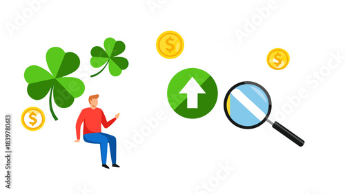 Man and Clover Lucky Symbols Coins Magnifying Glass and Upward Arrow Icon Representing Financial Growth and Opportunity on a Black Background