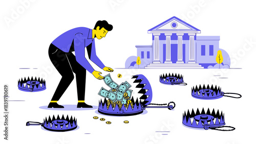Man Carefully Navigates Numerous Open Bear Traps Surrounding a Burning Pile of Money in Front of a Classical Style Building Representing Financial Risk and Danger