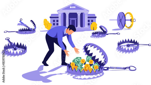 Man Carefully Reaching Towards A Money Trap Filled With Cash And Coins In Front Of A Grand Building With Multiple Animal Traps Surrounding Him On A Dark Background Illustrating Financial Risk And