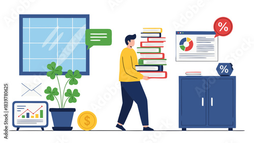 Man Carrying Stack of Books in Office Near Window With Plant and Financial Charts Displayed on Monitor
