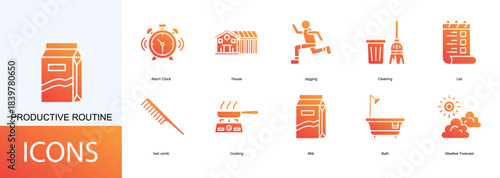 productive routine icon collection set. Containing Alarm Clock, House, Jogging, Cleaning, List icon