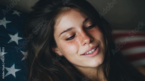 Caucasian teenage girl smiling softly, relaxed against a star-patterned cushion, cozy atmosphere with an American theme, youthful serenity meets patriotism