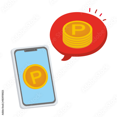 スマホのポイントが貯まっていることを、漫画風吹き出しで表したイラスト|スマートフォン・コイン/ビジネス・マーケティング向け素材/A cartoon-style illustration showing accumulated points on a smartphone