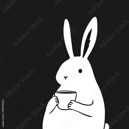 Rabbit with Coffee: A whimsical illustration captures a cute rabbit holding a coffee cup, exuding a sense of calm and gentle appreciation. 