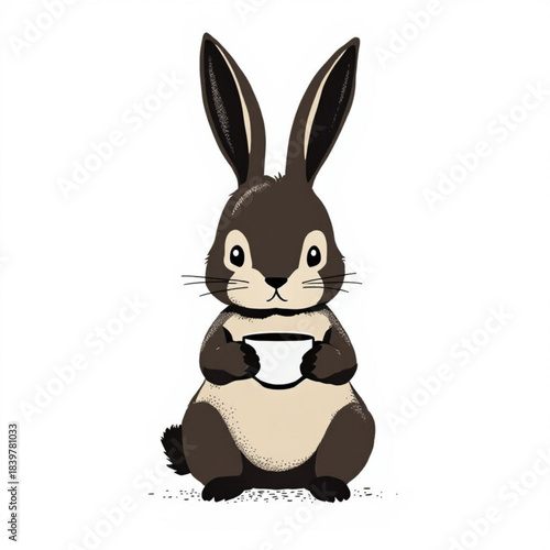Rabbit's Cozy Moment: An adorable cartoon rabbit is enjoying a cup of hot beverage, capturing moment of simple pleasure.