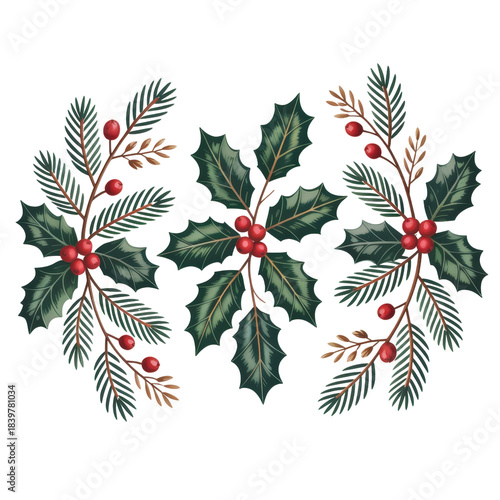 Festive Holiday Bouquet with Holly, Berries, Pinecones, Evergreen Branches tied with Burlap String on Black Background