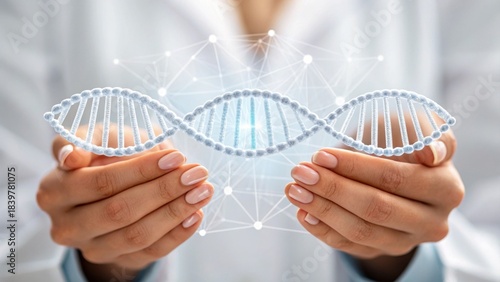 Female-led tech innovation concept. Hands holding a digital representation of DNA strands.