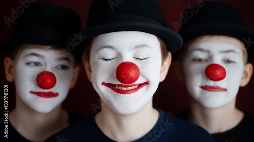 Three young Caucasian boys dressed as clowns, playful expressions with red noses, Halloween costume fun and makeup artistry, joyful and theatrical mood