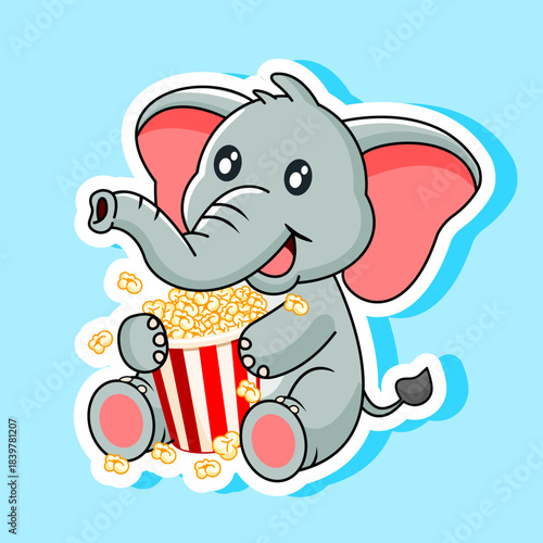 Sticker of Cute Baby Elephant Happy Sitting Hugging Popcorn Bucket Vector Illustration Cartoon Kawaii Design