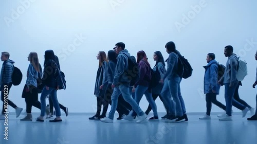 Diverse group of young adults walking, casual attire with backpacks, modern lifestyle and movement with a sense of purpose