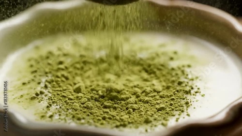 Green matcha powder cascading into a bowl, symbolizing the art of Japanese tea ceremonies, perfect for wellness and mindfulness themes