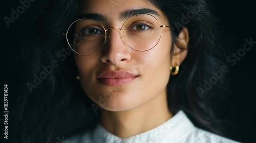 Young woman with serene expression, wearing round glasses and subtle jewelry, intimate portrait with a calm and reflective mood, perfect for mindfulness or wellness themes