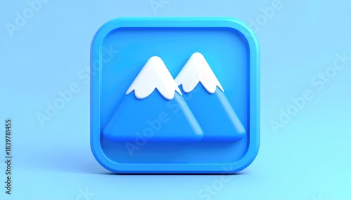 Mountain peaks icon with snow caps on blue square
