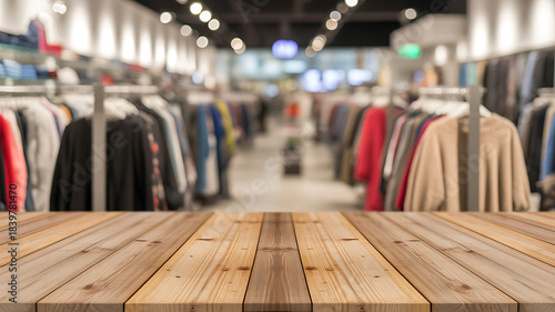 Wooden tabletop in front of a blurred clothing store interior with racks of clothes surface