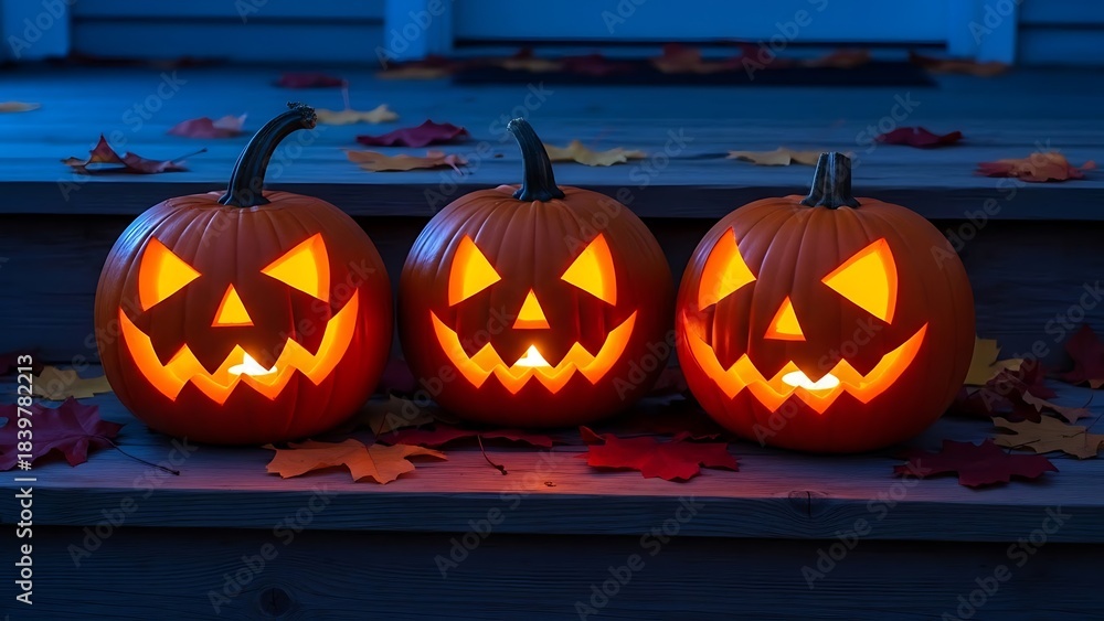 Obraz premium Carved Halloween Pumpkins: Three glowing jack-o'-lanterns with spooky faces illuminate a rustic wooden porch, surrounded by vibrant autumn leaves on a mysterious evening.
