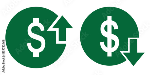 Dollar currency icons illustrating financial trends with red down arrows for decrease and green up arrows for increase, symbolizing market fluctuations.