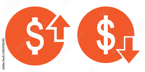 Dollar currency icons illustrating financial trends with red down arrows for decrease and green up arrows for increase, symbolizing market fluctuations.