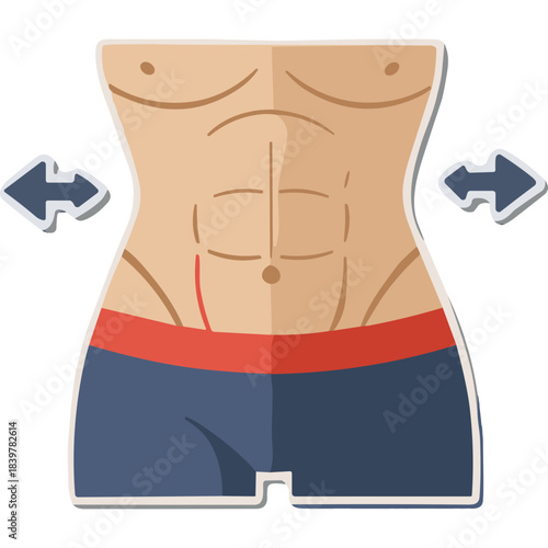Flat illustration of a toned male torso with visible abdominal muscles and red navel line wearing blue shorts with red waistband isolated on white background with side arrows indicating body