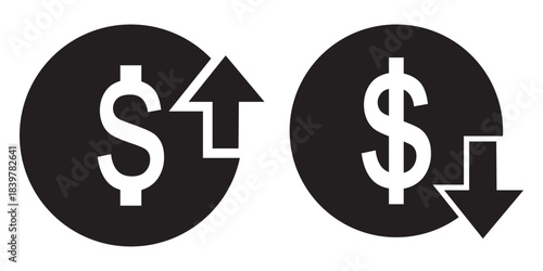 Dollar currency icons illustrating financial trends with red down arrows for decrease and green up arrows for increase, symbolizing market fluctuations.