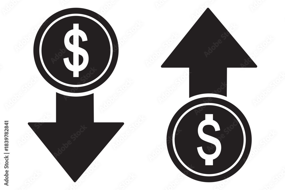 Obraz premium Money increase or decrease icon set. dollar decrease increase symbol. profit and lose icons with arrow , Cost rising icon. vector illustration .
