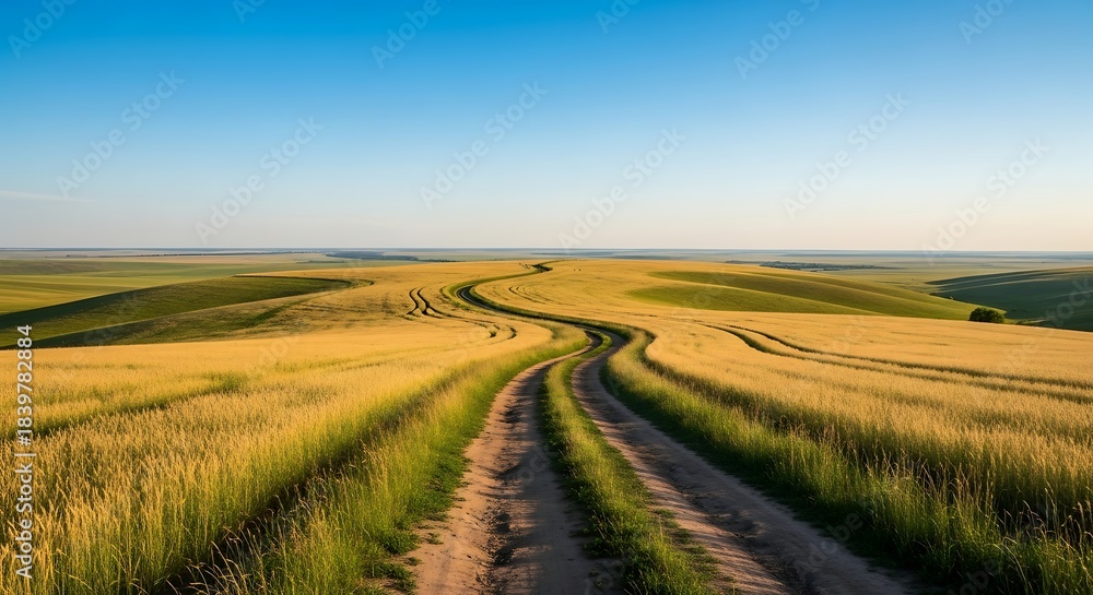 Fototapeta premium Scenic rural road through golden wheat fields under blue sky.
