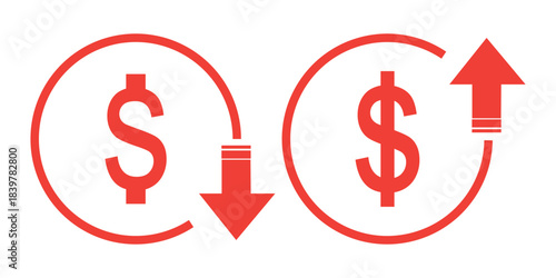 Money increase or decrease icon set. dollar decrease increase symbol. profit and lose icons with arrow , Cost rising icon. vector illustration .
