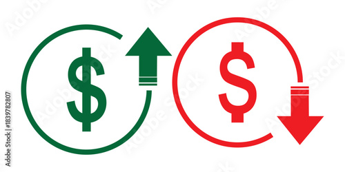 Dollar increase and decrease vector icons. Cost reduce increases and decreases icon set. profit and lose money vector icons.