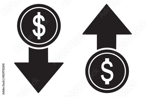 Money increase or decrease icon set. dollar decrease increase symbol. profit and lose icons with arrow , Cost rising icon. vector illustration .
